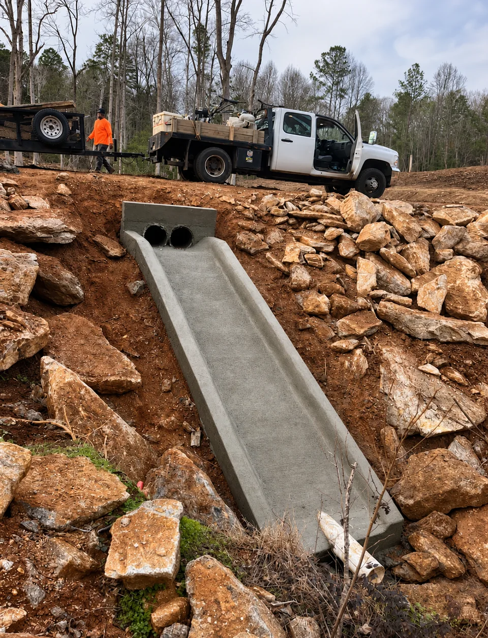 Finished concrete drainage channel and dual culvert outlet