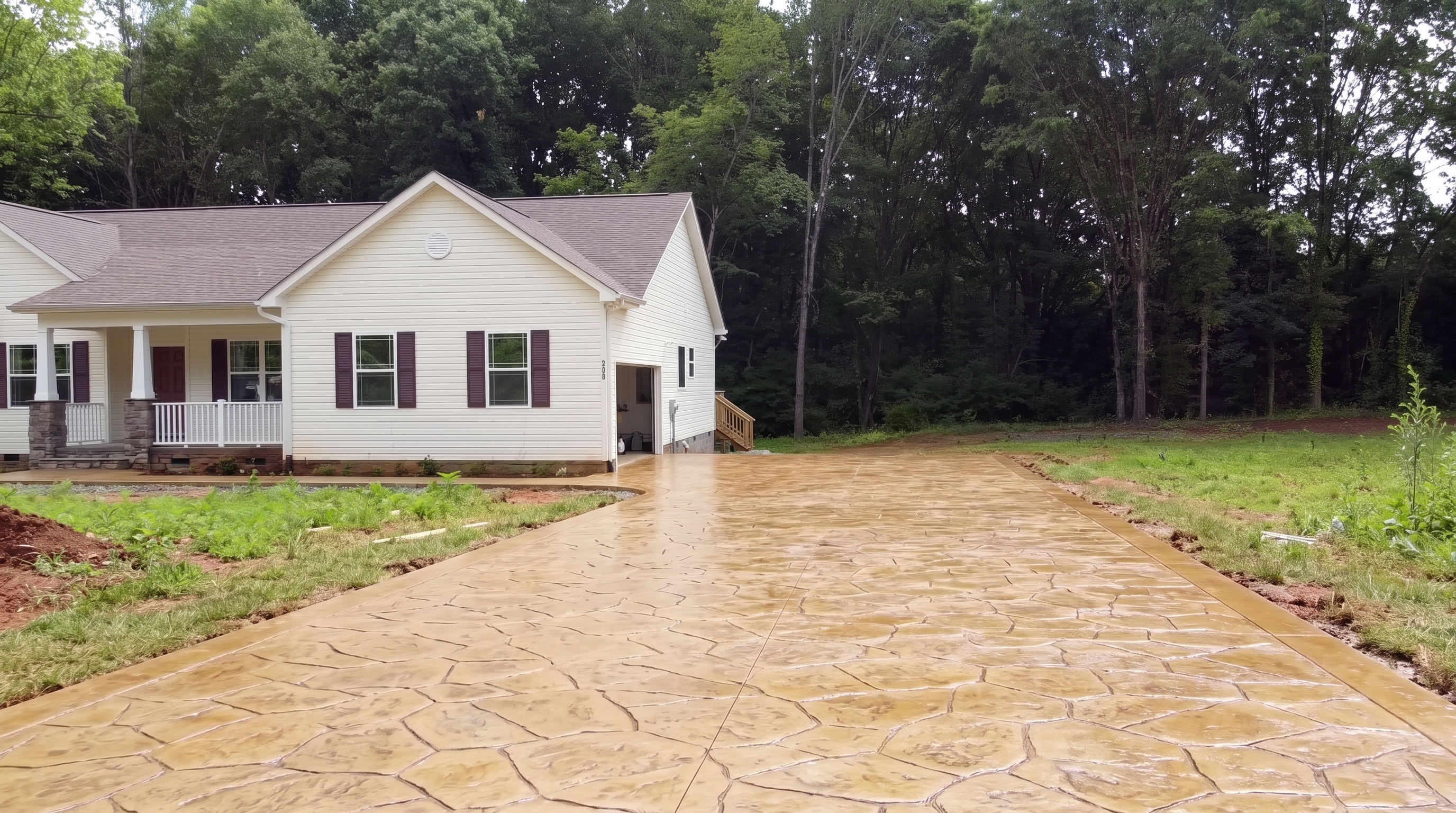 Finished ochre stamped concrete with a natural stone pattern