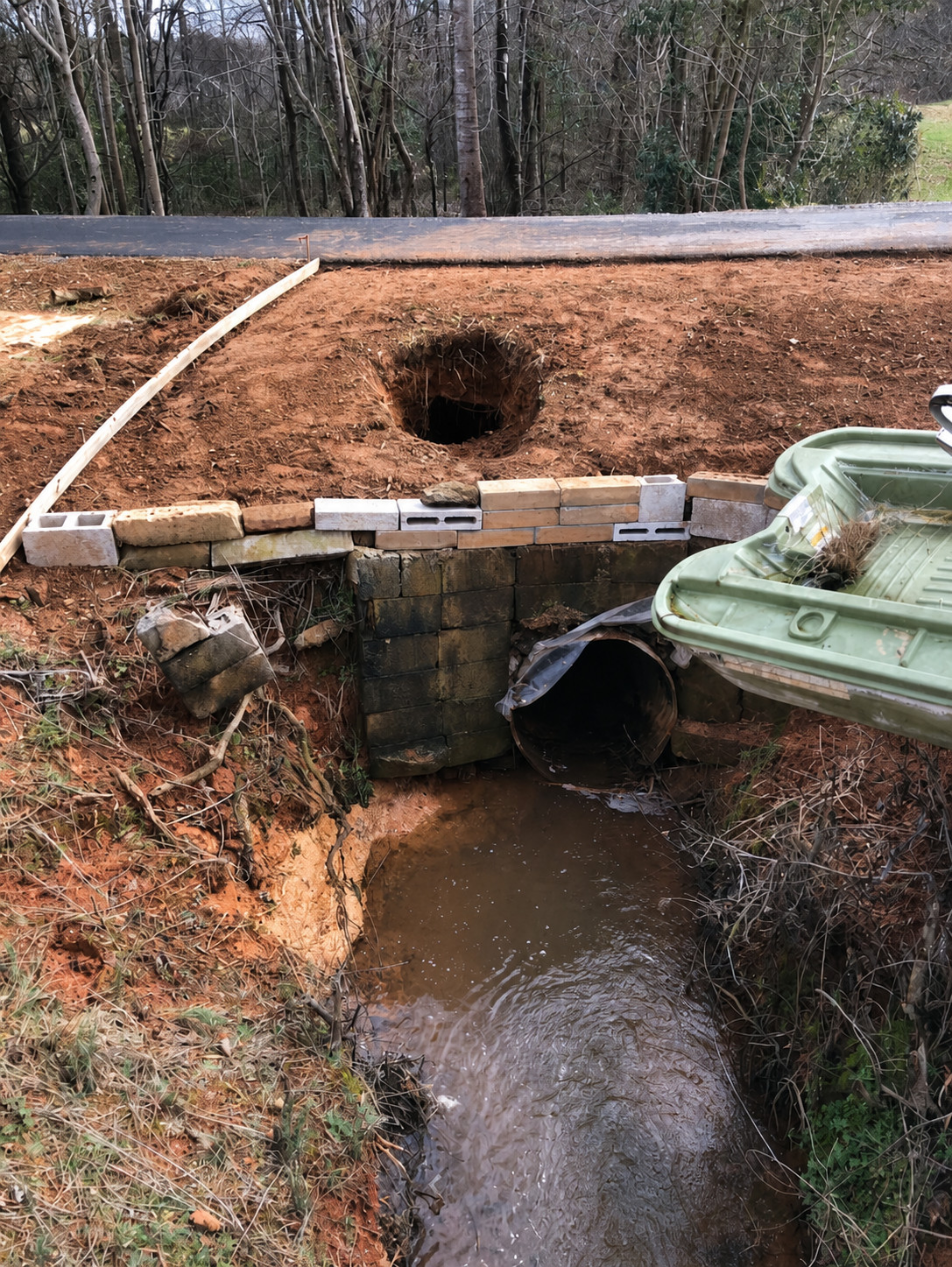 Erosion, damaged culvert and sinkhole before concrete drainage repair