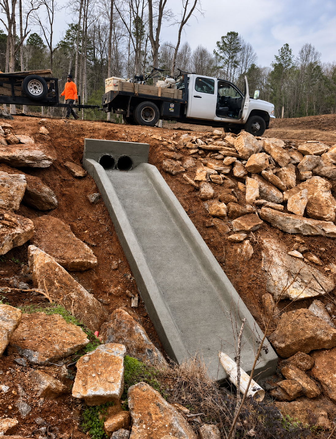 Finished concrete drainage channel and dual culvert outlet